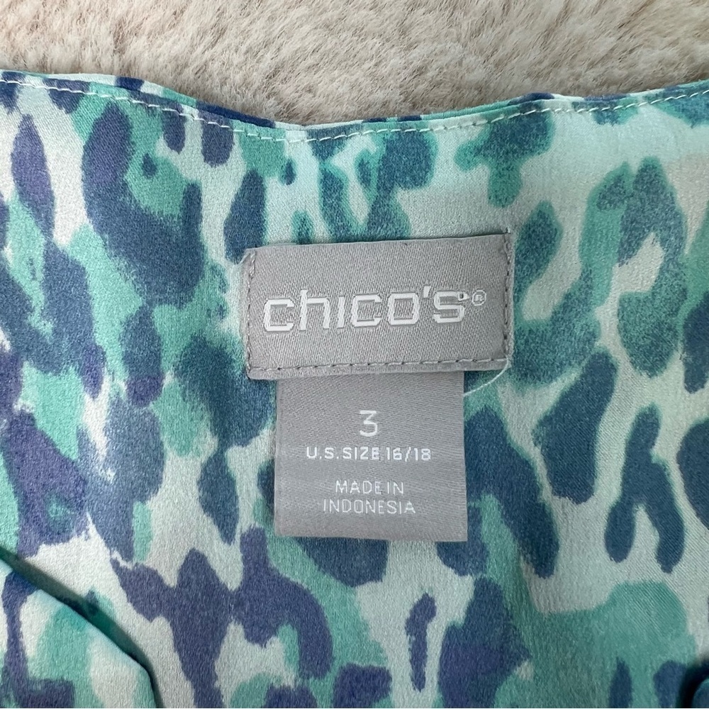 Chicos Coastal Animal Print Satin Top Blouse Plus Size 3 Skylight Blue Front Tie - Picture 3 of 9